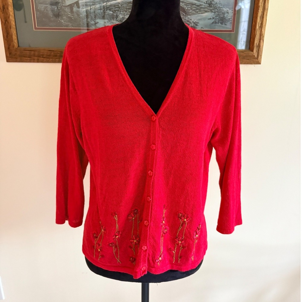 R&K Originals Red Floral Embroidered Beaded Cardigan Sweater Size 10